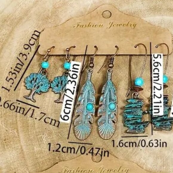 Earrings Turquoise Bronzed 3pr Dangle Tree Native Southwest Feather Trendy Style - Picture 2 of 2